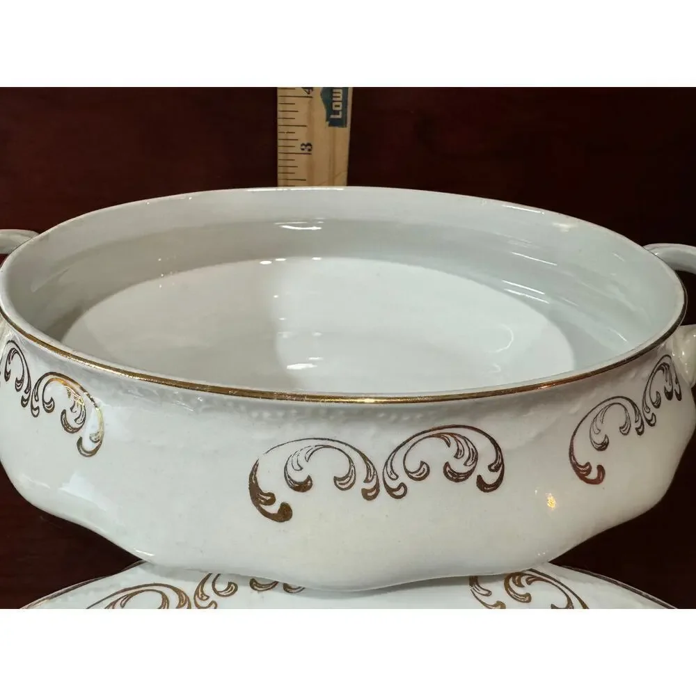 Vintage Semi-Vitreous Porcelain Oval Serving Dish Tureen With Lid & Handles